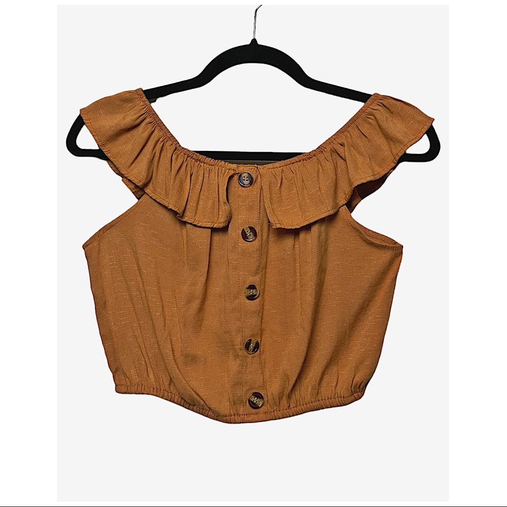 MIND CODE | BUTTON FRONT SMOCKED RUFFLE CROP TOP